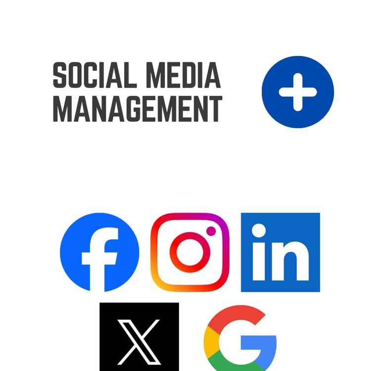 Social media management icons including Facebook, Instagram, LinkedIn, X, and Google.