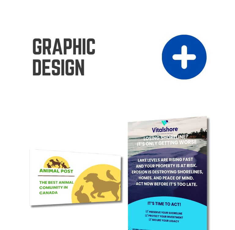 Professional graphic design services showing animal community branding and shoreline protection flyer.
