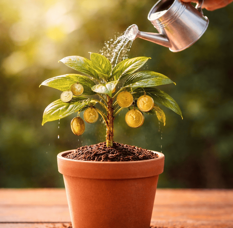 Uma pessoa regando uma planta de dinheiro simbolizando os investimentos