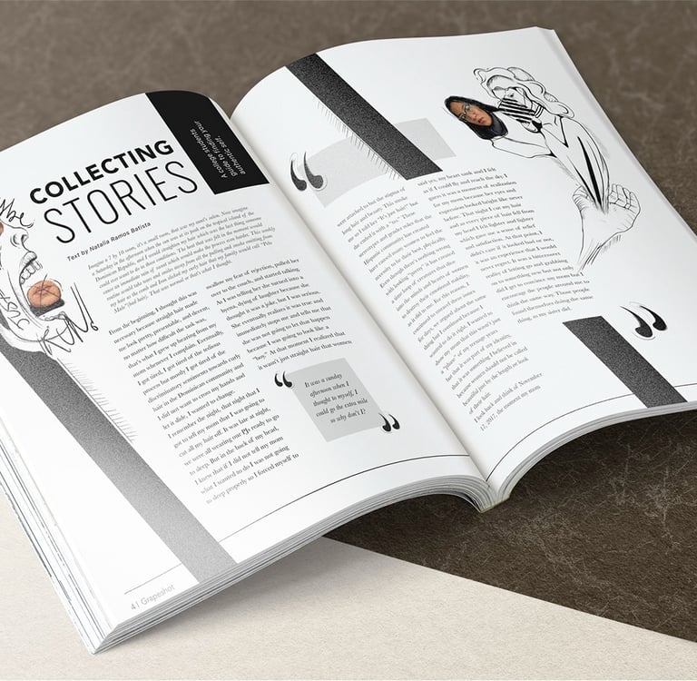 An open magazine layout featuring a story titled Collecting Stories with artistic line drawings and text.