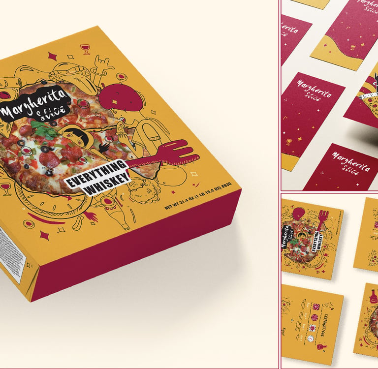 Custom branded Margherita Slice pizza box and marketing materials featuring illustrative graphic design.