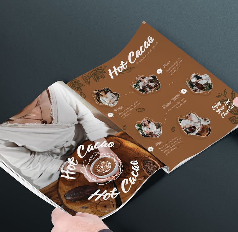 Hands holding an open recipe magazine spread for ceremonial hot cacao preparation.