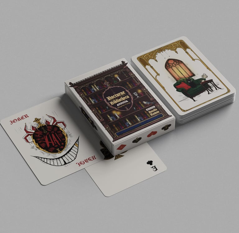Nocturne Bibliotheca custom playing cards featuring gothic library box art and artistic joker card designs.