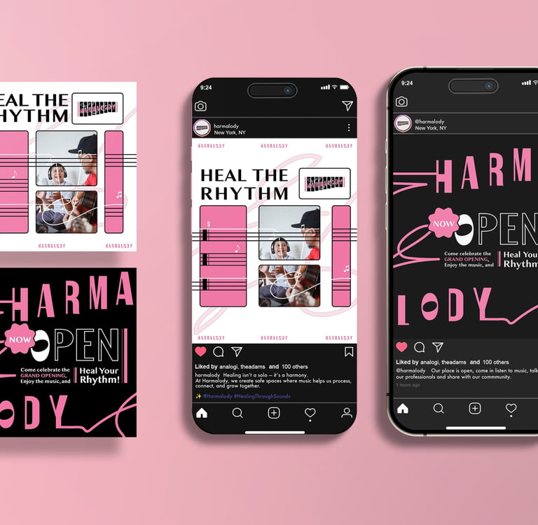 Social media marketing for Harmalody music brand featuring pink and black grand opening designs.