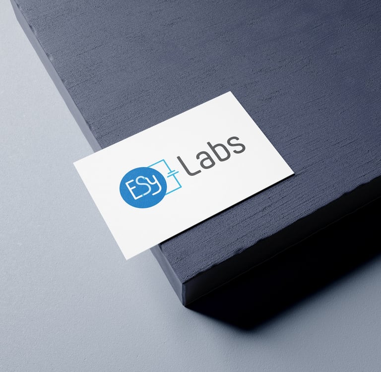 ESy Labs business card featuring a blue logo on a textured grey background.
