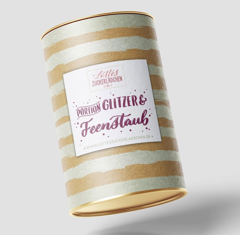 Lottes Zuckerlädchen Portion Glitzer & Feenstaub tube with gold stripes for baking decoration.