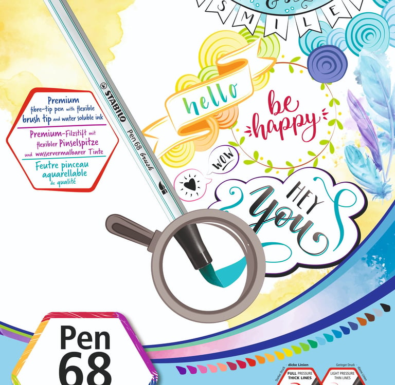 Stabilo Pen 68 brush tip fibre pens packaging featuring colorful hand lettering and creative illustrations.