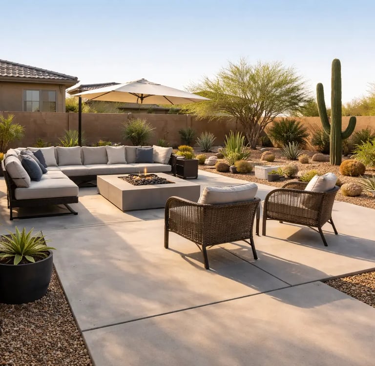 backyard concrete patio at a home in Buckeye, Arizona, outdoor seating area, clean broom finish, warm desert sunlight