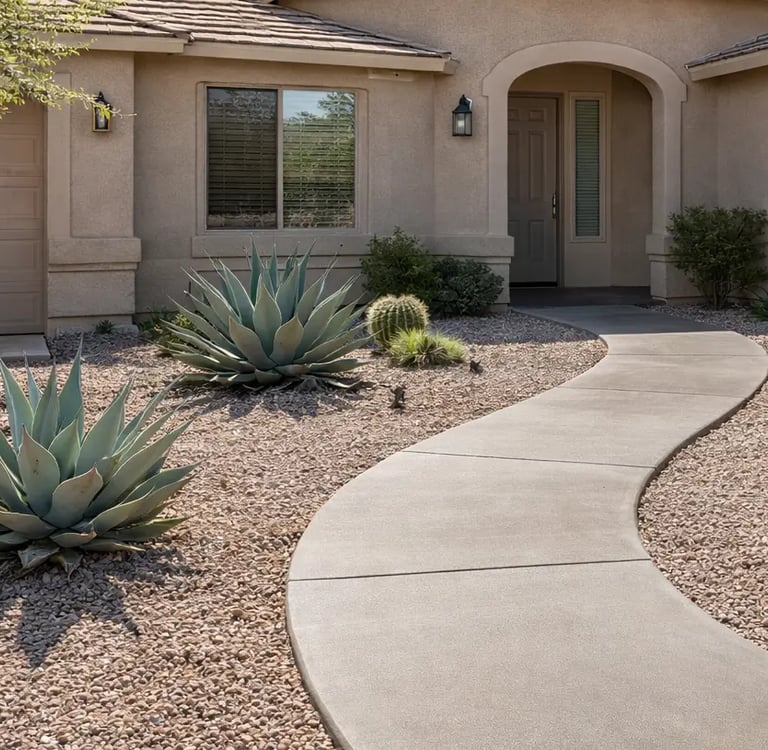 curved concrete walkway leading to a front  entrance of a Buckeye, Arizona home