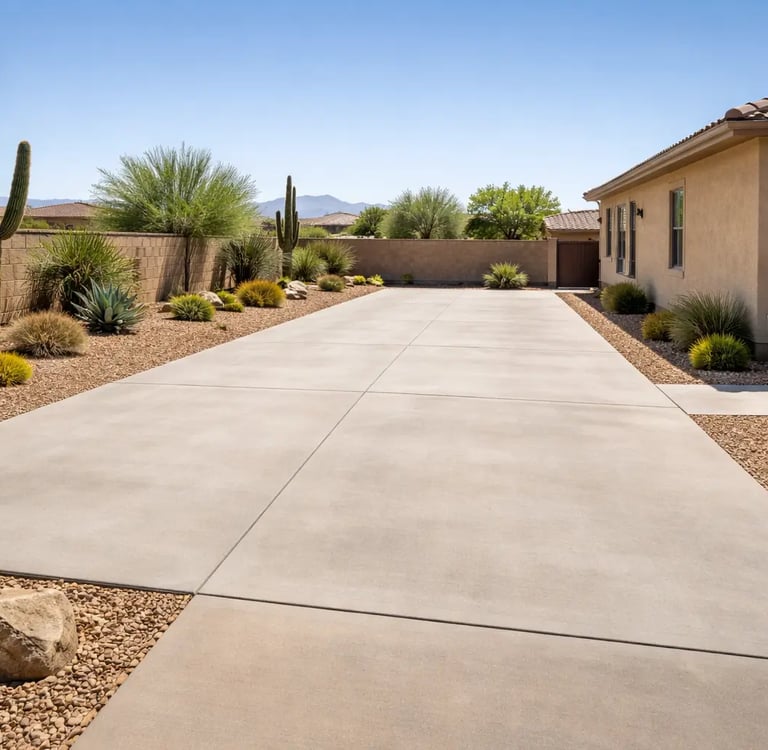 Wide, clean concrete RV pad beside a stucco home in Buckeye, Arizona,