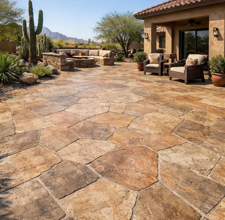 backyard patio in Buckeye, Arizona featuring stamped concrete designed to resemble natural stone in warm desert tones.