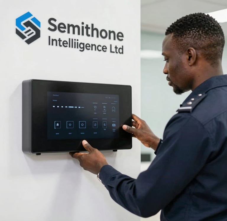 Close-up of a Smithone Intelligence Ltd electronic security system panel installed at a Nigerian office entrance.