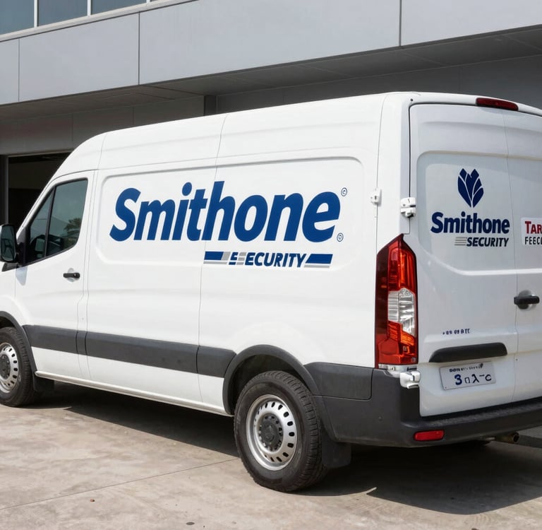 A Smithone Intelligence Ltd security van parked outside a corporate building in Nigeria, with visible company branding.