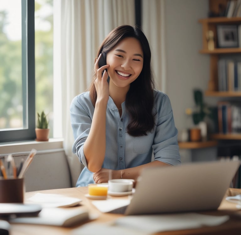 A friendly teacher and student engaged in an online English class, smiling at the screen.
