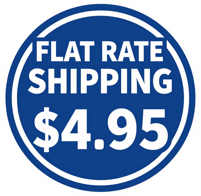 Blue circular seal offering flat rate shipping for 4.95 dollars with bold white text.