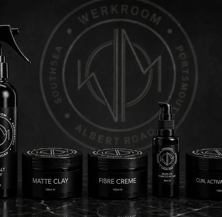 Werkroom Barbershop grooming products including beard oils, matte clay, sea salt spray and hair styl