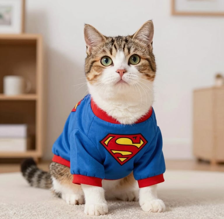 Un gato de pelo corto vistiendo una playera azul y roja de superman
