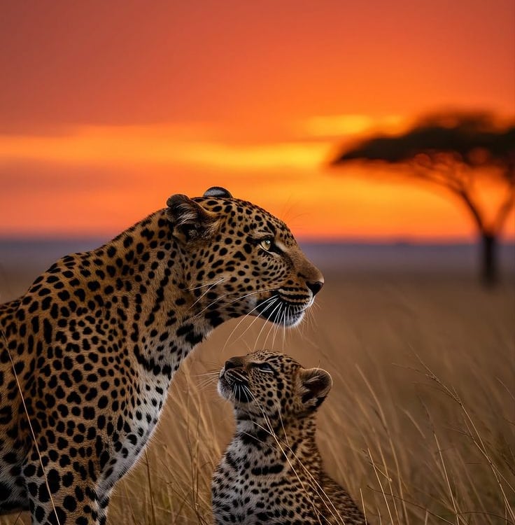 A mother leopard and her cub in the African savanna during a vibrant orange sunset.
