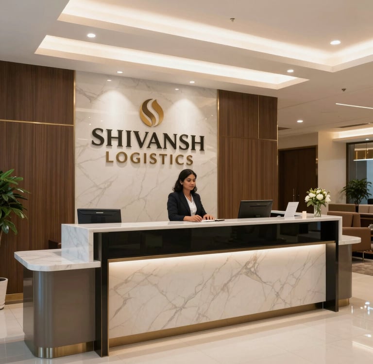 A welcoming office reception area with Shivansh Logistics branding and a friendly staff member ready to assist.