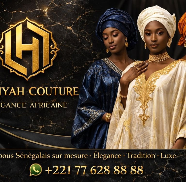 Three women wearing elegant African boubou dresses and headwraps for Lafiyah Couture fashion.