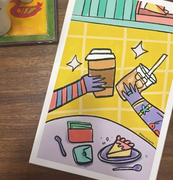 Ilustración colorida de dos personas compartiendo café y pastel en una mesa, en un café vibrante