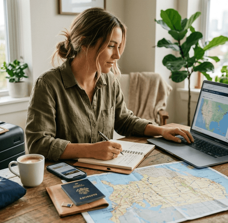 Viajante planejando viagem para os Estados Unidos com mapa, passaporte e notebook.