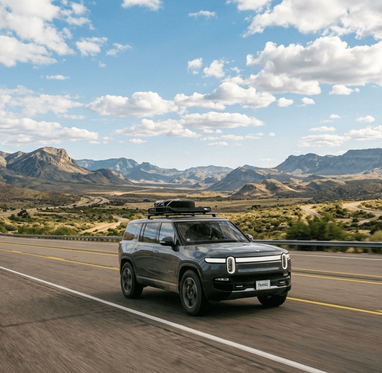 Road trip nos Estados Unidos com carro alugado em estrada panorâmica.