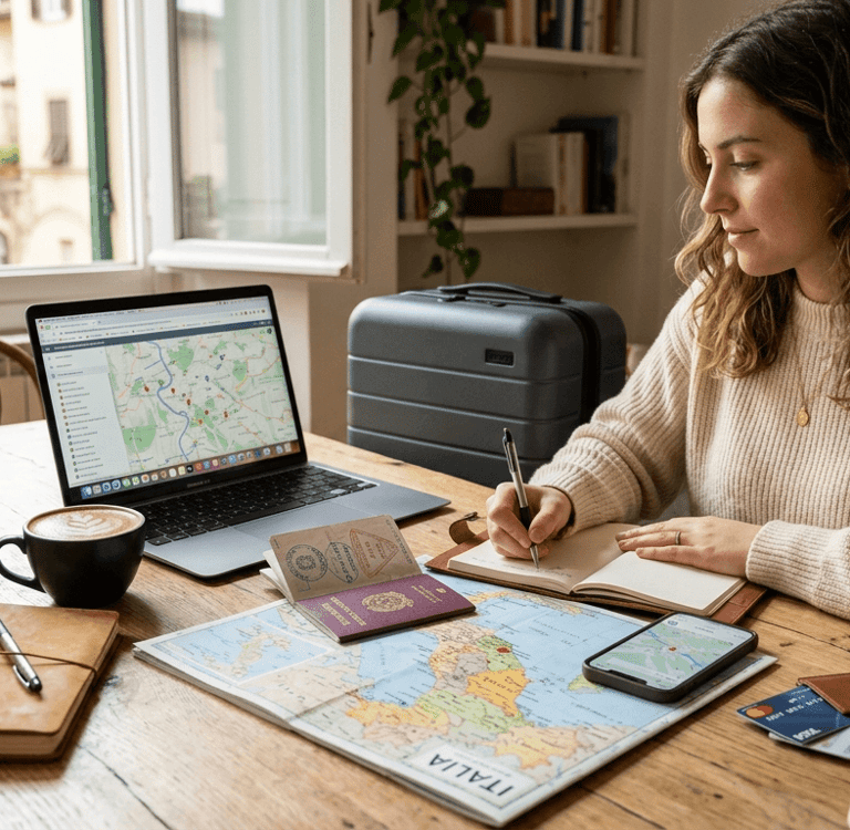 Viajante planejando viagem para a Itália com mapa, passaporte e notebook.
