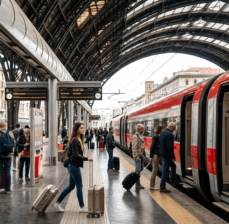 Trem na Itália como meio de transporte entre cidades turísticas.
