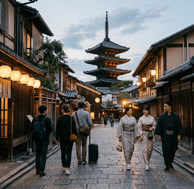 Kyoto tradicional com templos e ruas históricas no Japão.