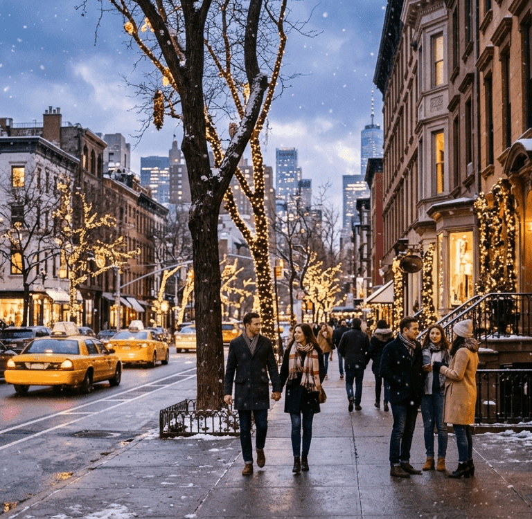 Inverno nos Estados Unidos para viagem com neve e clima natalino.