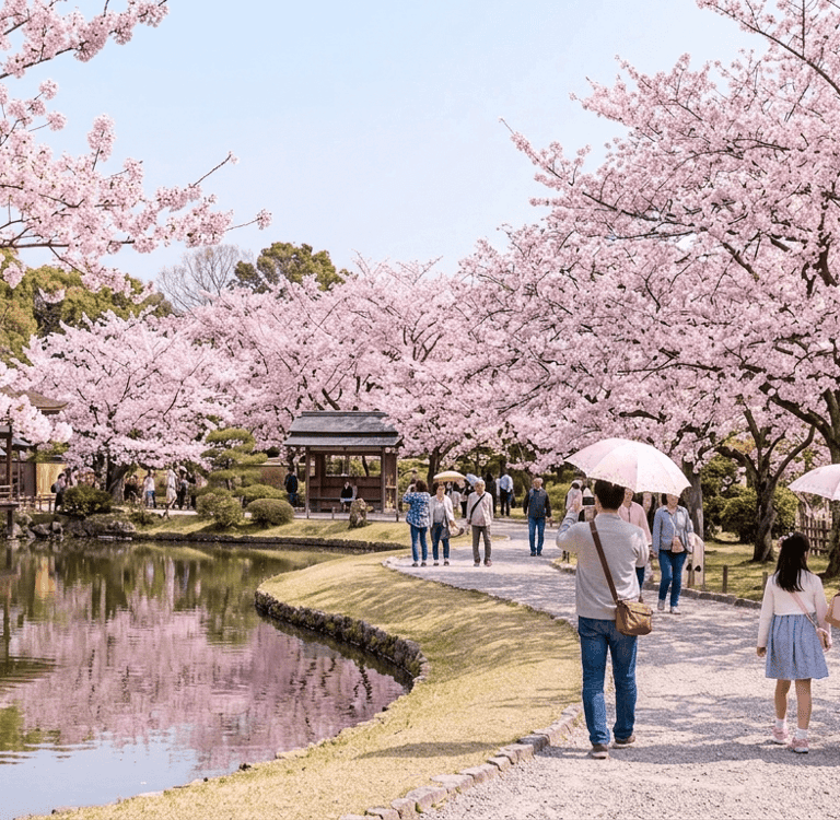 Primavera no Japão com cerejeiras floridas durante a melhor época para viajar.