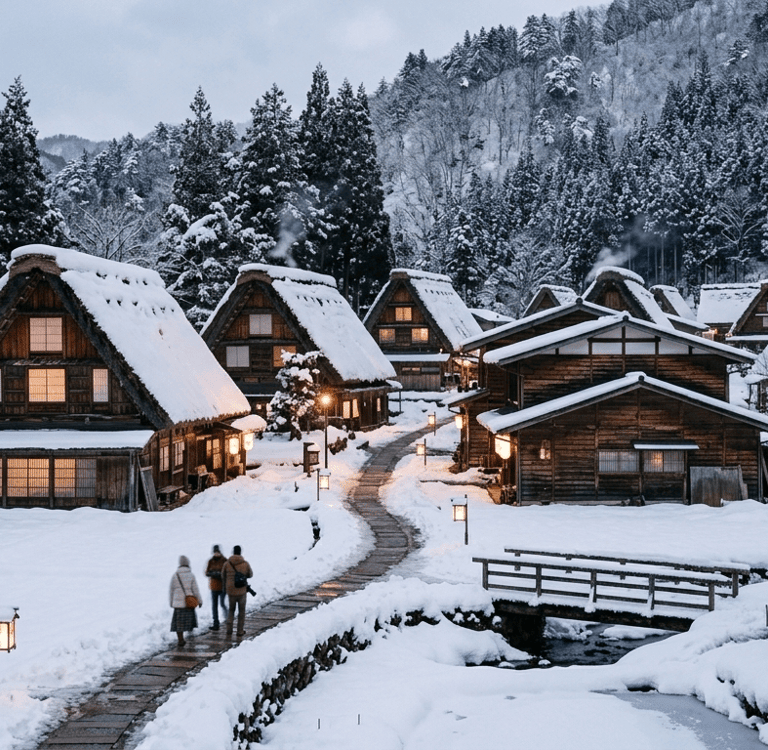 Inverno no Japão com neve e paisagens tradicionais.