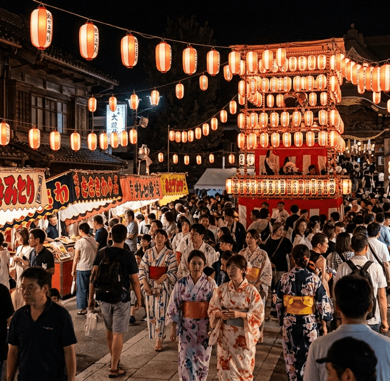 Festival de verão no Japão durante viagem em julho ou agosto.