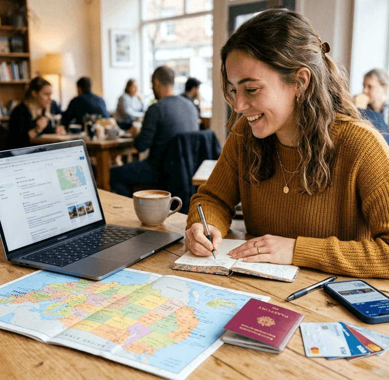 Viajante calculando quanto custa viajar para os Estados Unidos.