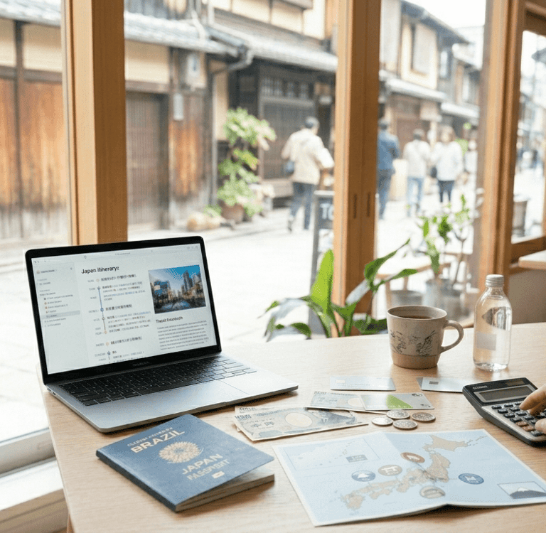 Viajante calculando quanto custa viajar para o Japão.