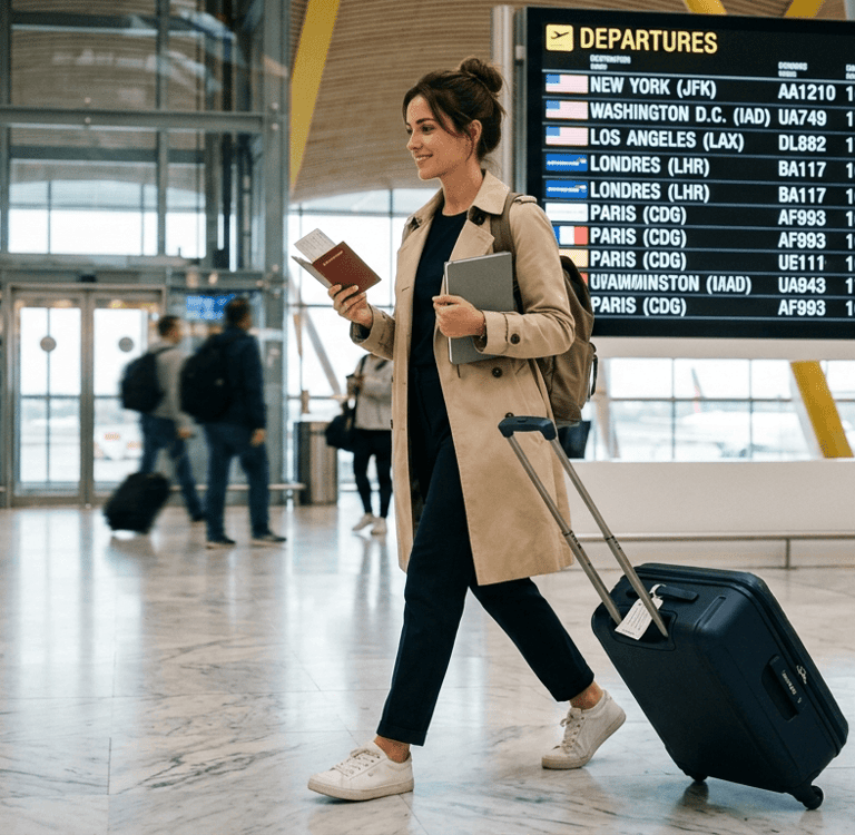 Viajante em aeroporto antes de embarcar para os Estados Unidos com seguro viagem contratado.