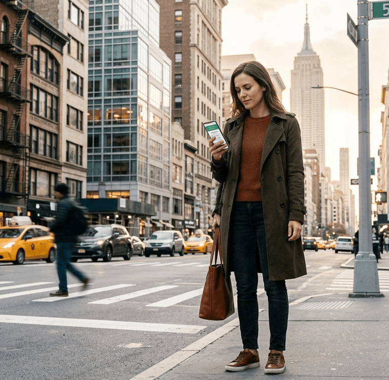 Turista consultando seguro viagem para os Estados Unidos pelo celular durante a viagem.