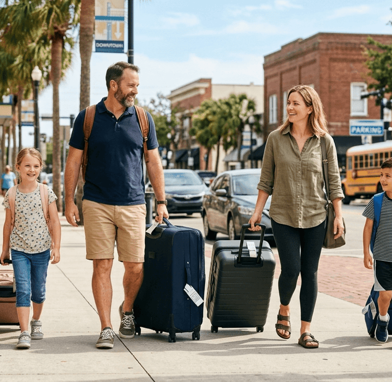 Família em viagem para os Estados Unidos com seguro viagem.