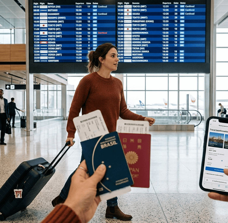 Viajante em aeroporto antes de embarcar para o Japão com seguro viagem contratado.