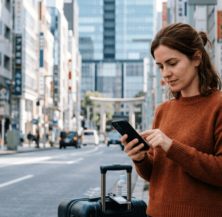 Turista consultando seguro viagem para o Japão pelo celular durante a viagem.
