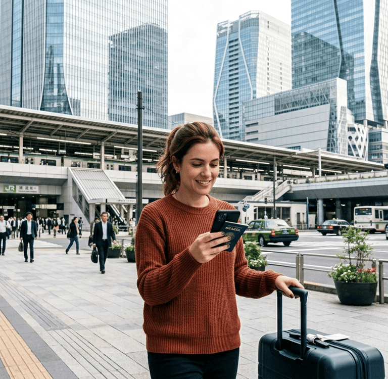 Viajante em Tóquio com seguro viagem para o Japão.