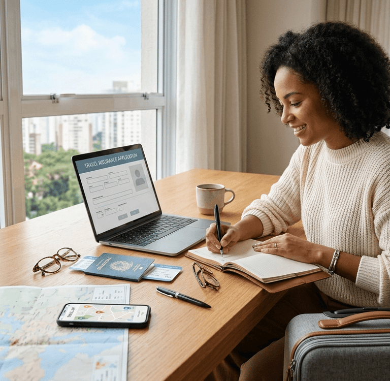 Pessoa organizando seguro viagem com passaporte, notebook e mala.