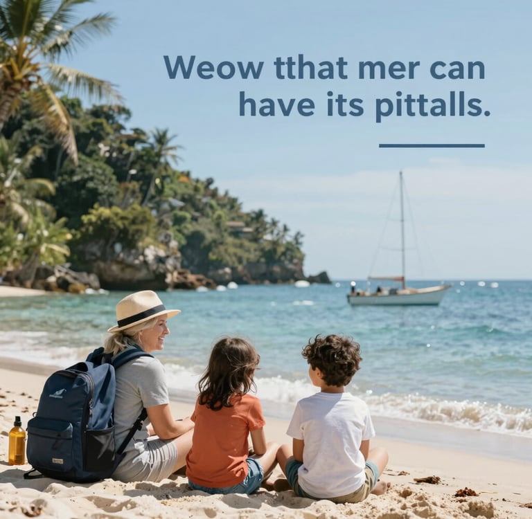 A mother and two children with a backpack sitting on a tropical beach watching a sailboat.