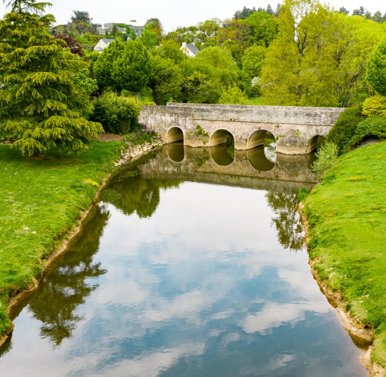 Pont historique en pierre se reflétant dans une rivière calme, entouré d'arbres et d'herbes verdoyan