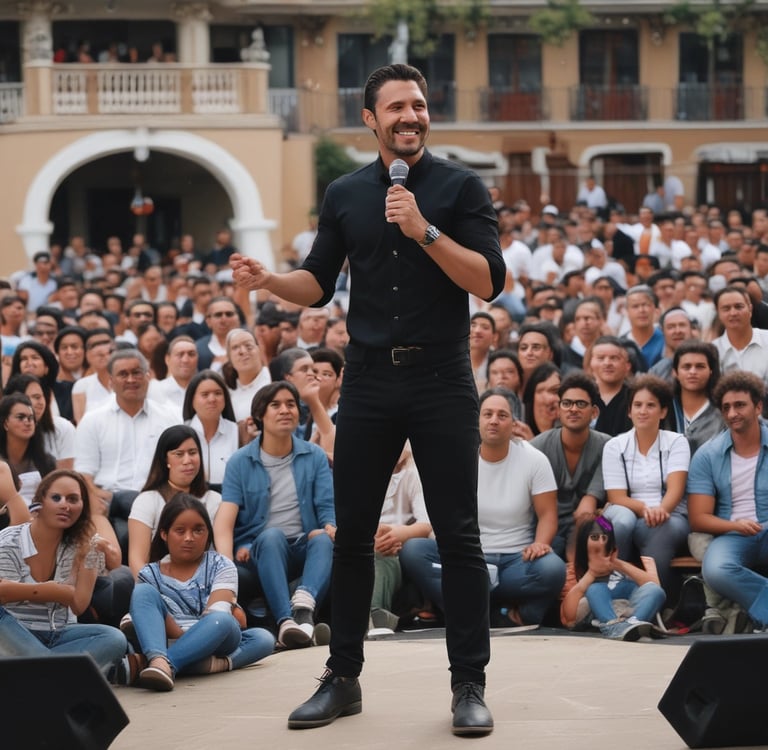 Hombre candidato contento dando su discurso ante una gran multitud