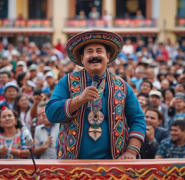 Hombre indígena contento dando su discurso ante una gran multitud