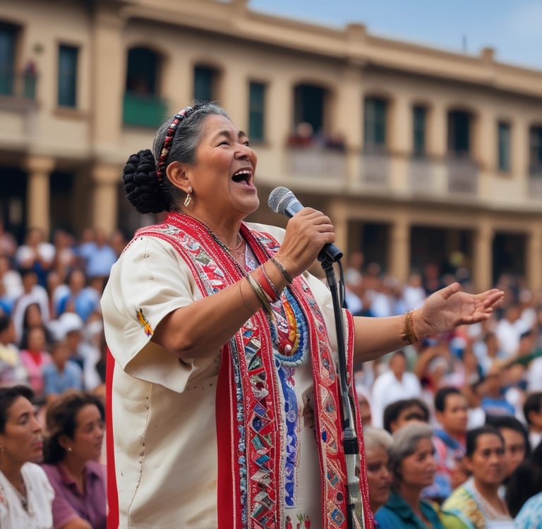 Mujer indígena dando su discurso ante una gran multitud