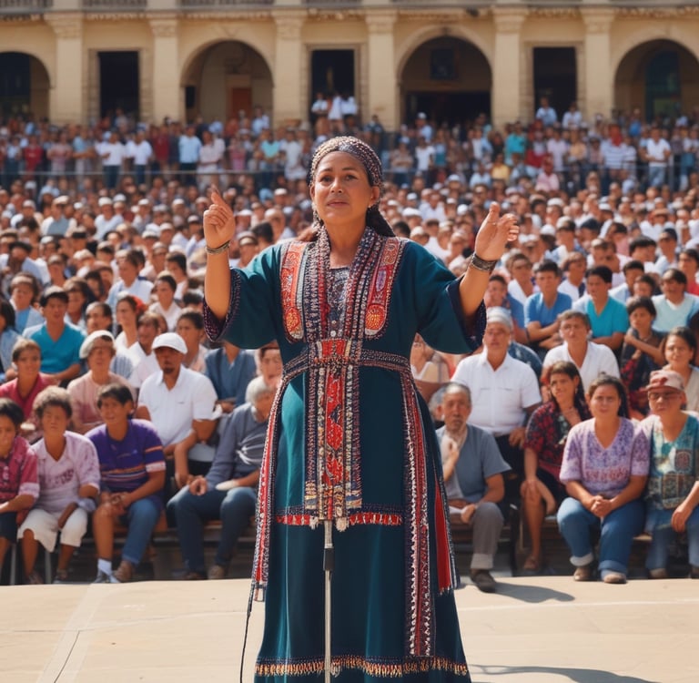 Mujer indígena dando su discurso ante una gran multitud