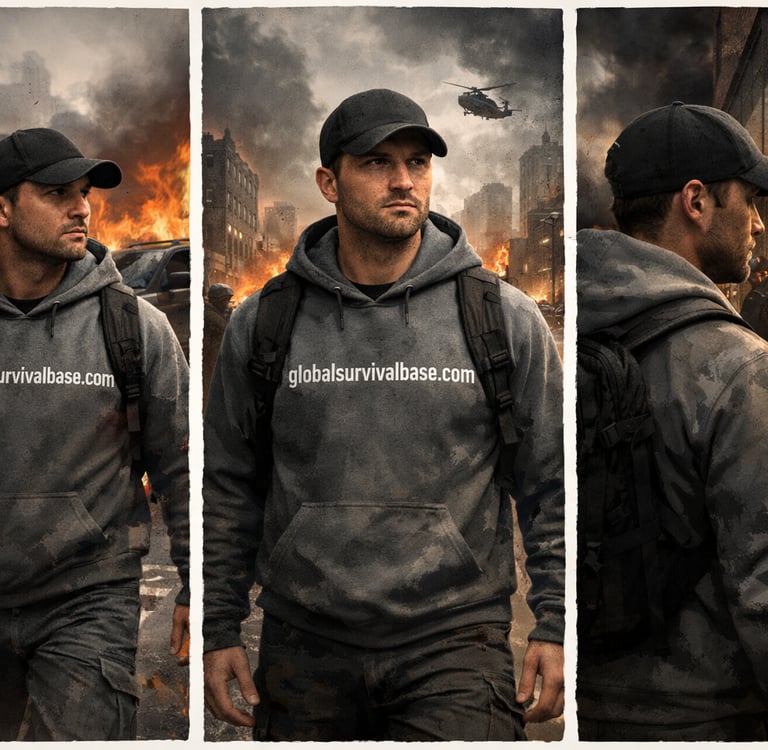 A survivalist in a grey hoodie walks through a burning city with a helicopter flying overhead.